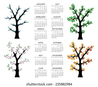 Four season 2015 calendar collage: spring, summer, autumn, winter. Trees with green, orange, yellow and brown leaves, flower and bare branches design, vector art image illustration, white background