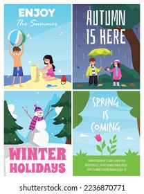 Four season banners or cards with kids playing outdoors in different weather, flat vector illustration isolated on white background. Four seasons fun and activity.