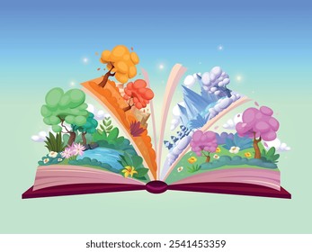 Four season book. Kids seasoned reading storybook, magic books story autumn winter spring summer seasons trees on pages fairy tale adventure, cartoon swanky vector illustration