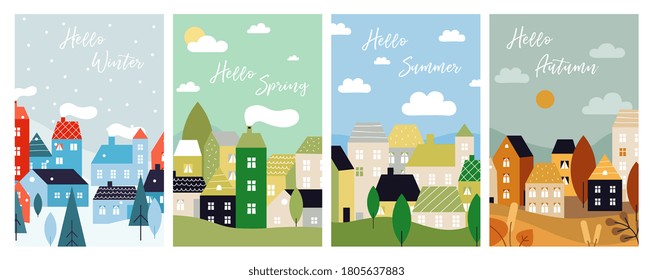 Four season cards. Autumn winter spring summer flyers with city landscape. Seasonal greetings poster, Christmas time. Country neighborhood, nature and cute tiny houses vector illustration