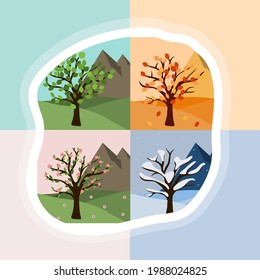 Four season change vector illustration. Year concept in blob. Brown tree in spring, winter, fall and summer.