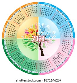 Four Season Circle Calendar 2021 Template. Spring, Summer-Autumn, and Winter. Collage Tree with Green, Orange, Yellow and Brown Leaves, Flower and Bare Branches with Snowflakes