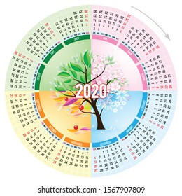 Four Season Circle Calendar Template. Spring, Summer Autumn and Winter. Collage Apple Tree with Green, Orange, Yellow and Brown Leaves, Flower and Bare Branches with Snowflakes