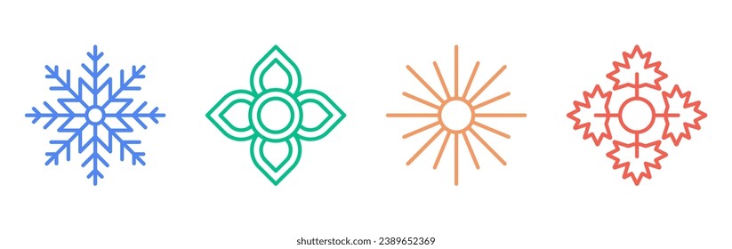 Four season concept (winter, spring, summer, autumn) vector icon set.  Fully editable logo design of snow, flower, sun, leaf in line art style.  