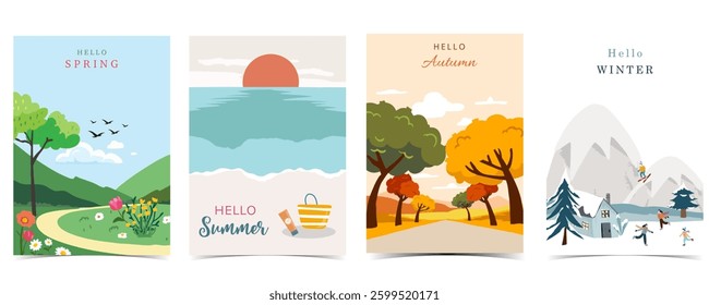 Four season holiday landscape background with mountain and tree for a4 vertical design