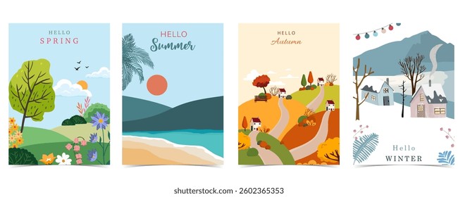 Four season holiday landscape background with mountain and tree for a4 vertical design