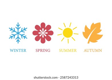 Four season icon logo concept vector design illustration. Snowflake, flower, sun, maple leaf icons template line art style