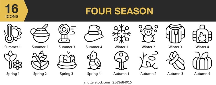 Four Season icon set. Includes summer, winter, spring, autumn, and More. Outline icons vector collection.