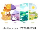 four season logo winter spring autumn summer vector illustration, Set of posters for winter, spring, summer and autumn. Cute vector illustration of four seasons. Drawings of people, nature, trees, par