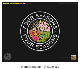 Four Season logo. Year icon. Winter, Spring, Summer and Autumn. Identity. Using colors and app icon. 