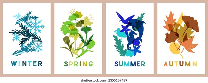 Four season minimalistic abstract nature posters. Retro risopgraphic hand drawn compositions with grunge texture. Nature monochromatic silhouettes. Good for background, banner, poster