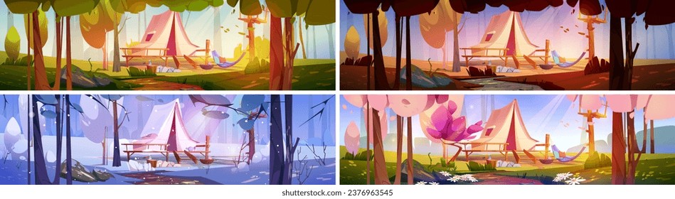 Cuatro estaciones de campamento en el bosque. Dibujo vectorial de carpa sobre plataforma de madera, hamaca entre árboles con follaje verde verano y amarillo otoño, nieve de invierno y flores primavera sobre vidrio