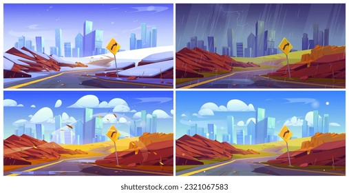 Four season set of highway to modern city. Vector cartoon illustration of road perspective in autumn, winter, spring, summer, cityscape with snow, yellow foliage, green grass, rainy weather on horizon