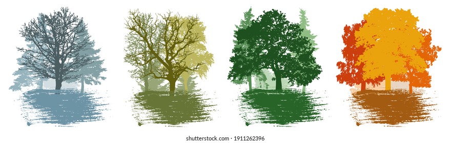 Four season, set of winter and spring and summer and autumn landscape, forest. Beautiful silhouettes of different trees. Vector illustration.