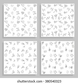 Four Season Sketch Patterns. Vector Ornaments Collection For Winter, Spring, Summer And Autumn.