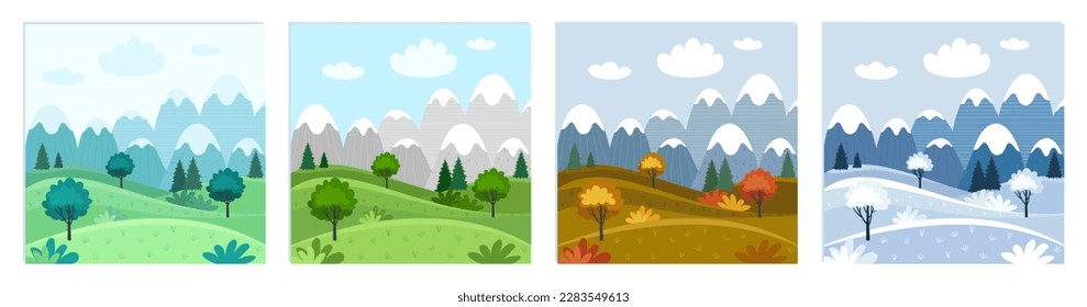 Four season: Spring, Sammer, Autumn, Winter nature park or forest outdoor background with trees and mountains. Flat cartoon style vector illustration.