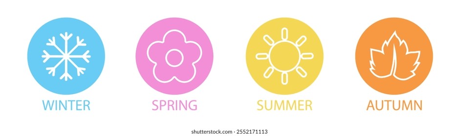 Cuatro estaciones verano primavera otoño invierno símbolo Ilustración vectorial con flor primavera, sol verano, nieve invierno y hojas otoño diseño de Vector