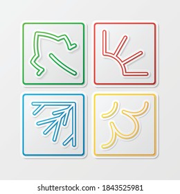 Four season symbols with shadows. Summer, autumn, winter and spring icons in squares buttons. Outline signs green, yellow, red and blue color