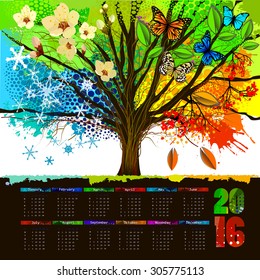 Four season tree. Calendar 2016 year design. Vector