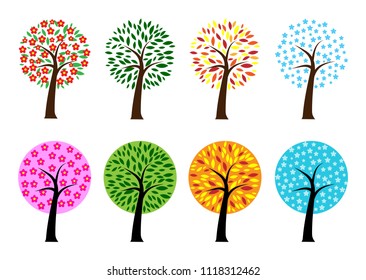 Four season with tree. Spring, summer, autumn and winter. Set of trees, Passing of time. isolated on white background. Simple Vector illustration.
