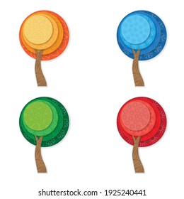 Four season tree symbols with shadows. Summer, autumn, winter and spring icons in squares buttons. Outline signs green, yellow, red and blue color