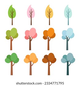 four season trees isolated, spring with flowers, green summer, yellow autumn, snow winter. vector illustration. nature and environment eco concept
