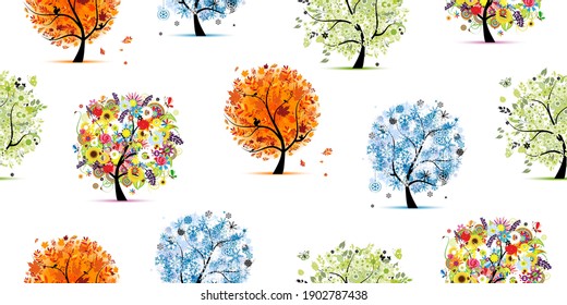 Four season trees- spring, summer, autumn, winter. Seamless Pattern for your design. Vector illustration