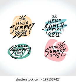 Four seasonal logos. Vector logo Hello Summer 2021. Handwritten logo on an abstract colored background. Stylish seasonal pattern.
