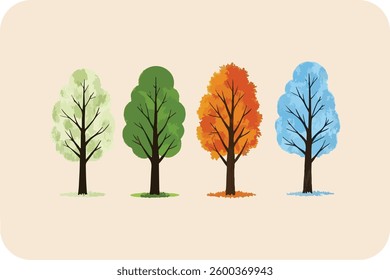 Four Seasonal Trees Illustrating Spring, Summer, Autumn, and Winter with Vibrant Colors and Unique Leaf Designs