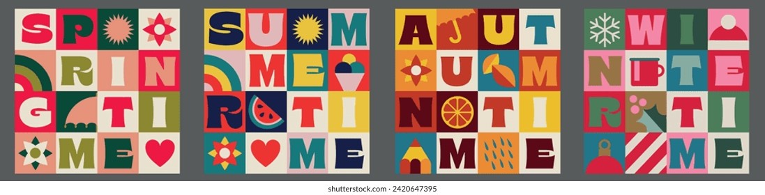 Four Seasons 16 squares design. 4 compositions on spring, summer, fall and winter. Lettering and flat icons design. Colorful palette. Geometric pattern in a square design.
