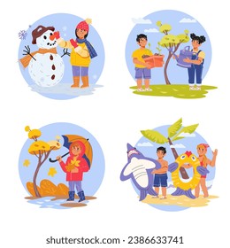 Four seasons activity and fun of children, set of vector illustrations isolated on white. Kids characters as they experience the joy of spring, summer, autumn, and winter seasons.