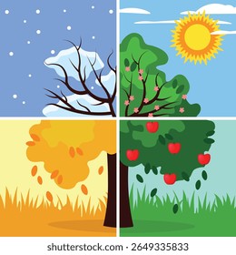 Vier Jahreszeiten Apfelbaum und Sonne am Himmel. Vektorgrafik