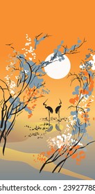 Four seasons: autumn, hand-drawing picture in Chinese traditional painting style, vector illustration