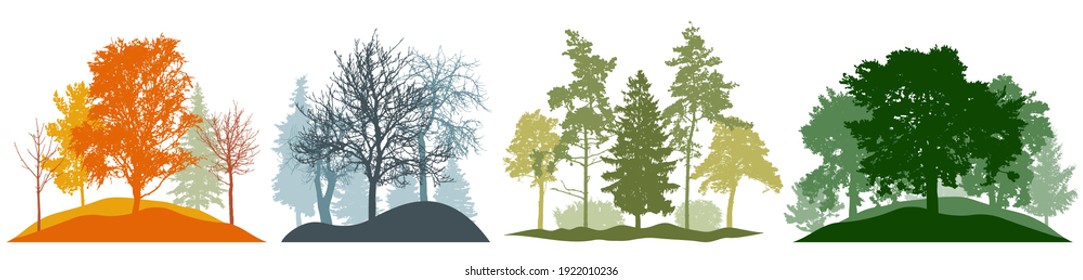 Four seasons: autumn, winter and spring and summer landscape set. Silhouette of beautiful nature landscape with many different trees. Vector illustration.