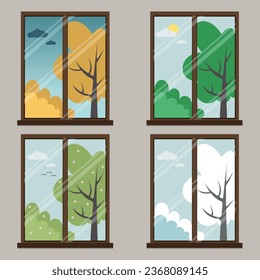 Four seasons: autumn, winter, spring-summer. Vector illustration of seasons. Windows with natural landscapes. Trees and bushes at different times of the year. Children's illustration. Illustration for