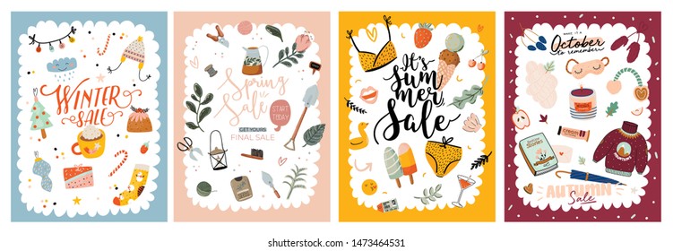 Four Seasons background. Sale banners with Winter, Spring, Summer, Autumn elements and lettering. Vector cartoon illustration. New Year holiday, gardening, flowers, ice cream, cozy sweaters, candle.