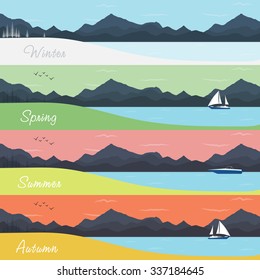 Four Seasons Banners with Abstract Forest and Mountains - Vector Illustration