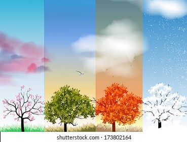 Four Seasons Banners and Abstract Trees    Vector Illustration