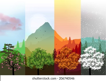 Four Seasons Banners with Abstract Trees and Mountains - Vector Illustration