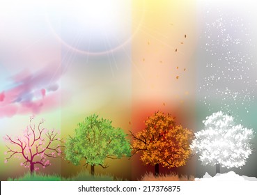 Four Seasons Banners with Abstract Trees - Vector Illustration