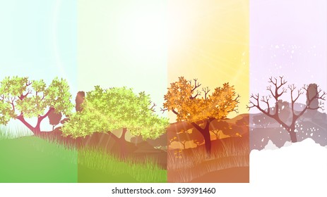 Four Seasons Banners with Abstract Trees on Forest Background - Vector Illustration