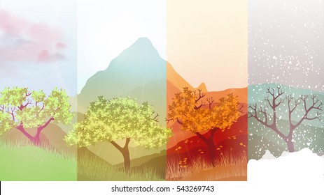 Four Seasons Banners with Abstract Trees on Forest Background - Vector Illustration