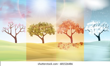 Four Seasons Banners with Abstract Trees and Hills  - Vector Illustration