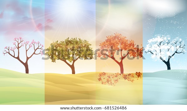 Four Seasons Banners with Abstract Trees and\
Hills  - Vector\
Illustration