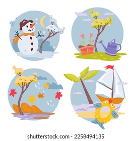 Four seasons banners set, vector illustration isolated on white background. Nature four seasonal life cycle banners and badges collection, flat vector illustration isolated on white background.