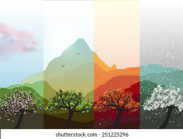 Four Seasons Banners Spring, Summer, Fall, Winter with Abstract Trees and Mountains  - Vector Illustration