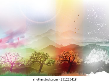 Four Seasons Banners Spring, Summer, Fall, Winter with Abstract Trees - Vector Illustration