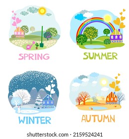 Four Seasons Banners and  Trees   houses  Winter  spring  summer  autumn colour nature  Set  Landscape   Vector Illustration