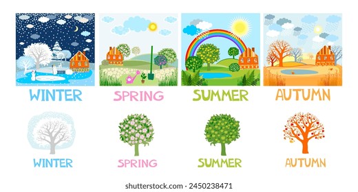 Four Seasons Banners with Trees and houses. Winter, spring, summer, autumn colour nature. Set. Landscape. Сards. Natural landscape at different times of year. Beautiful non-urban scenes. Vector 