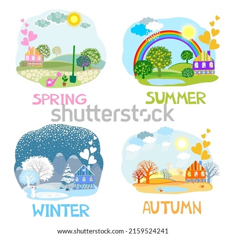 Four Seasons Banners with  Trees and houses. Winter, spring, summer, autumn colour nature. Set. Landscape.  Vector Illustration